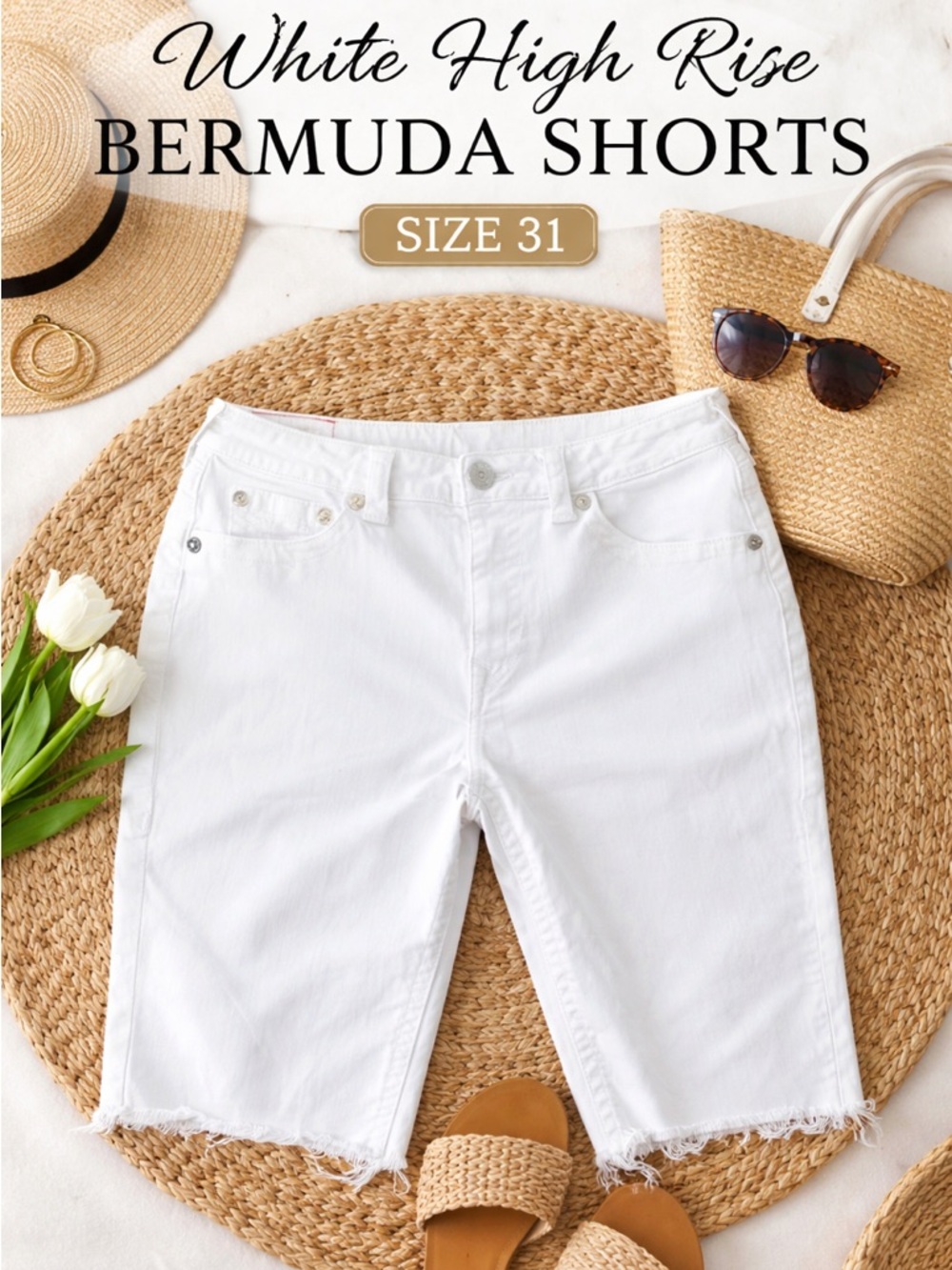 True Religion White High Rise Denim Bermuda Shorts Size 31 Stretch Frayed Hem